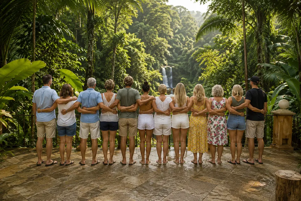 Illustration: a group of people standing arm in arm, seen from behind, looking out over a jungle