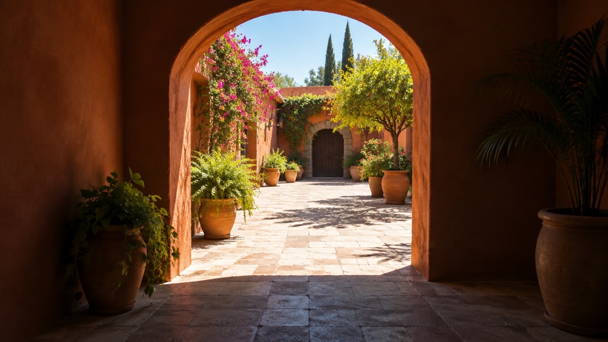 A shaded archway opening onto a sunlit courtyard