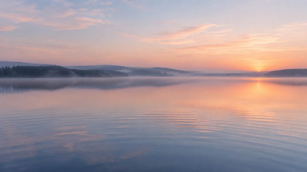 The still surface of a lake at dawn with soft mist on the far shore