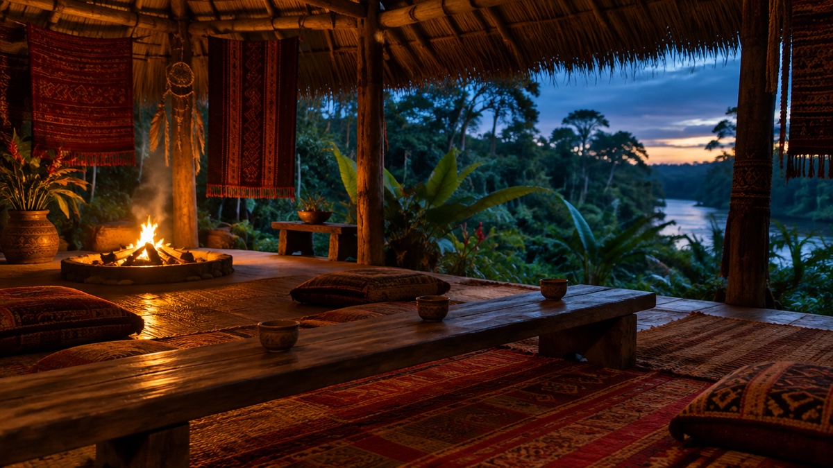 An open-sided Amazonian ceremonial hut at dusk with firelight and woven textiles