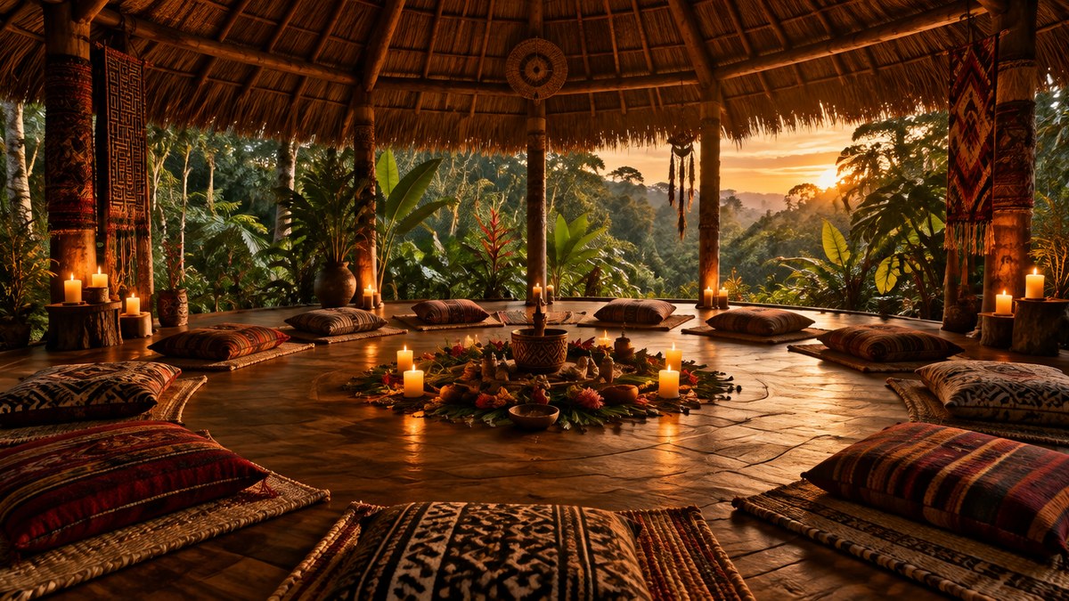 An ayahuasca ceremony space prepared with textiles and candles