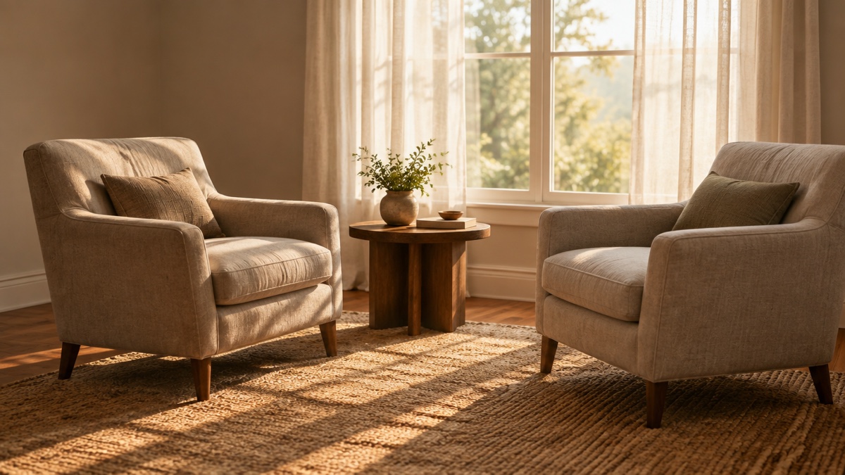 Two armchairs facing each other in a quiet sunlit room