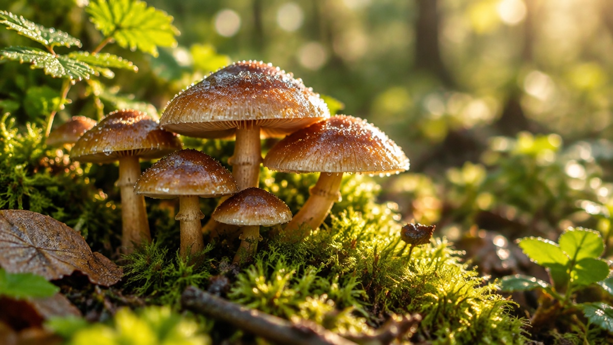 Wild mushrooms on a mossy forest floor in early-morning light