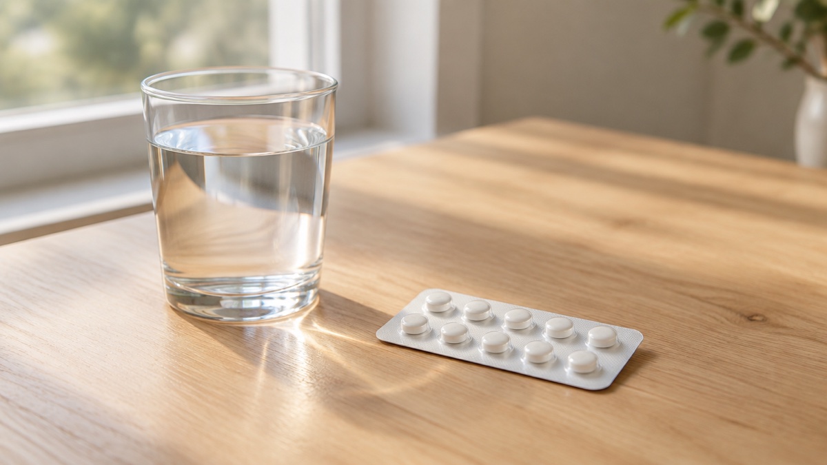 A glass of water and an unmarked blister card on a table in morning light