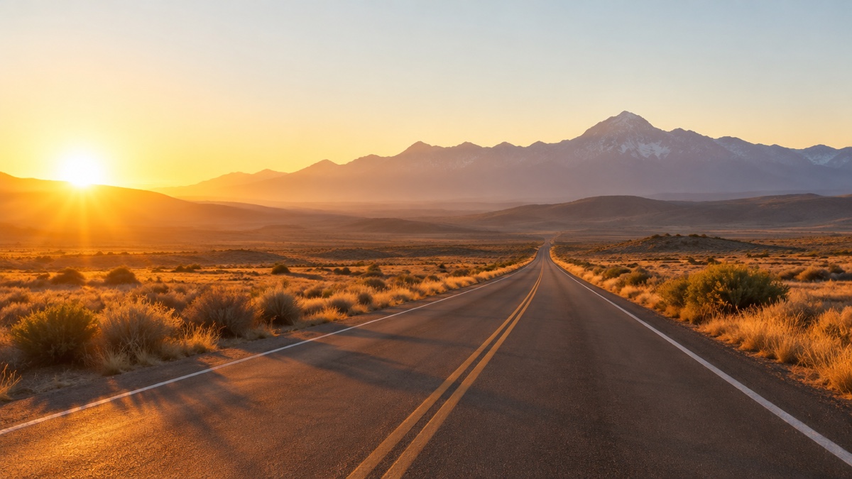 Sunrise over an open desert highway leading toward distant mountains