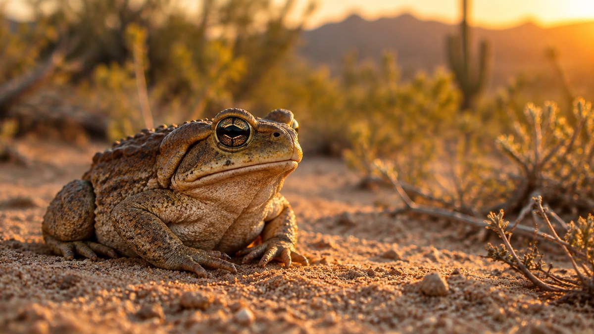 A Sonoran Desert toad on desert sand at sunset - the natural source of 5-MeO-DMT